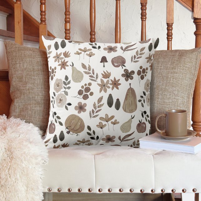 Almofada Colheita de outono e Folhagem sem Muda (Autumn Harvest Pumpkins and Foliage Throw Pillow in Muted Colors)