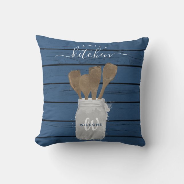 Almofada Colher de Jarro de Madeira Azul Rústica Decoração  (Frente)