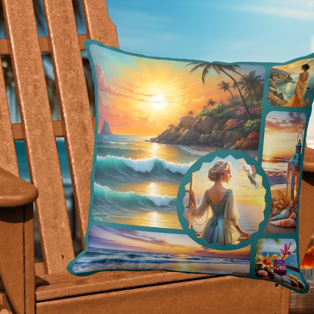 Almofada Colorful Beach Photo Collage Boho Chic  (Colorful artistic beach house pillow featuring boho fun paintings or your custom photos)