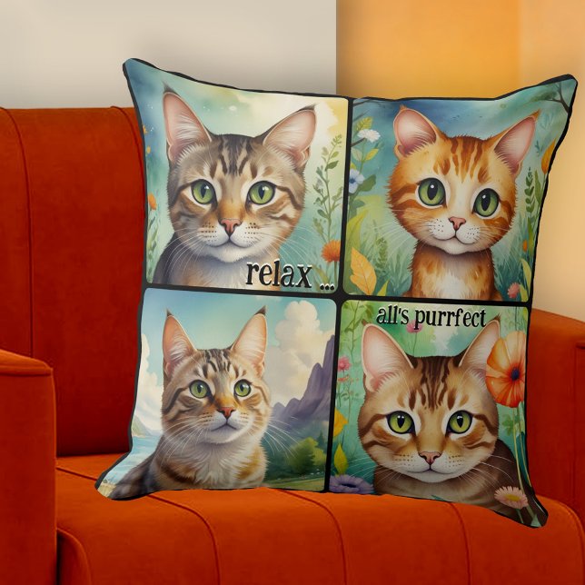 Almofada Colorful Cats Fun Artistic  (Pillow featuring 4 colorful paintings of beautiful cats. A cheerful addition to any space)