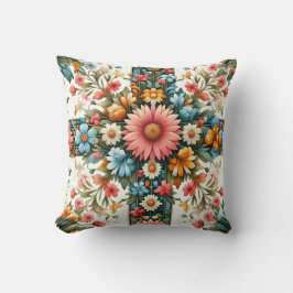 Almofada Colorful Floral Folk Art Pillow - Boho Flower Cush