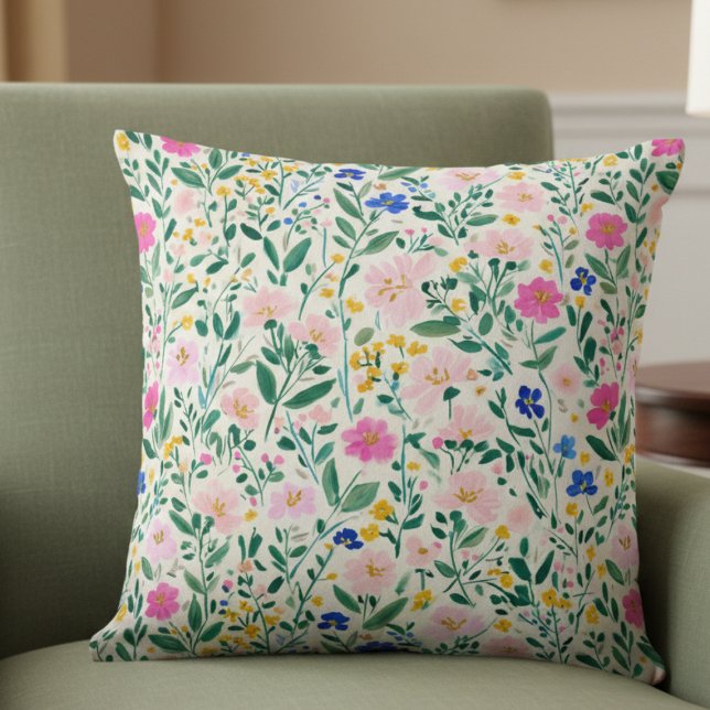 Almofada Colorful Floral Garden Throw Pillow (girly preppy colorful floral wildflower throw pillow)