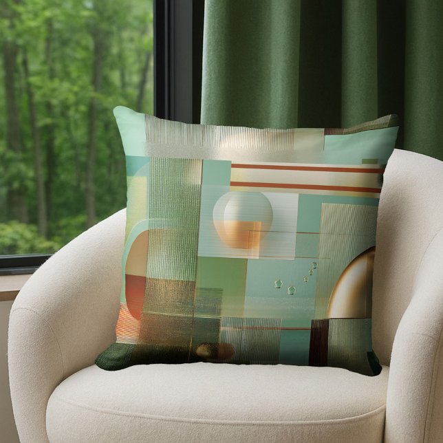 Almofada Colorful Modern Abstract Teal Gold  (Pillow featuring a modern Bauhaus style abstract design in green, teal and gold.)