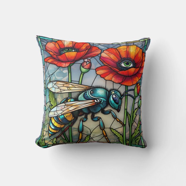 Almofada Colorful Wasp Stained Glass Poppy Mosaic Steampunk (Frente)