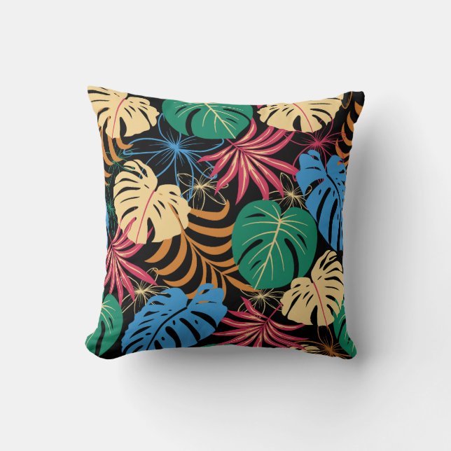 Almofada colorida com um padrão de folhas tropicai (Frente)