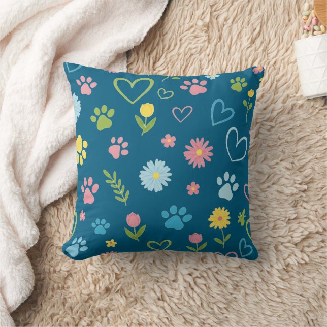 Almofada com Impressão de Pata e Corações Pastel (Cobertor)