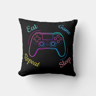 Almofada Coma Jogo Dormir Repetir | Neon Gamer Tipografia P