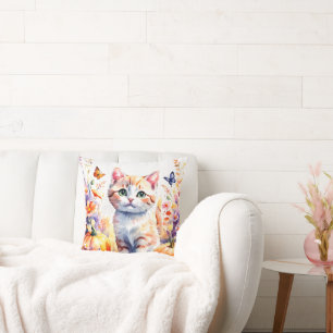 Almofada Composição de flor selvagem do outono, com gatinho