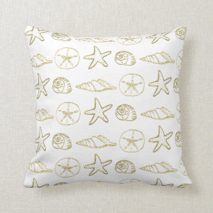 Almofada Conchas de Ouro Elegantes Brancas Chic Praia