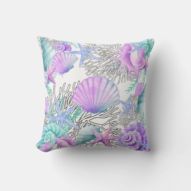 Almofada Conchas Marinhas Roxo Rosa Azul Turquesa E Branco (Frente)