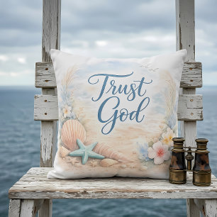 Almofada "Confie em Deus" Aquarela Cristã de Praia Costeira