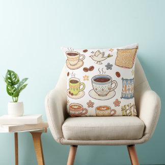 Almofada Conjunto de Desenhos à Mão de Café e Arte Folclóri