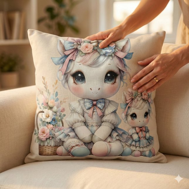 Almofada Conjunto Mãe e Filha Pastel Kawaii Unicórnio Bege (Pastel Kawaii Unicorn Mother Daughter Duo Beige Throw Pillow Mockup C)