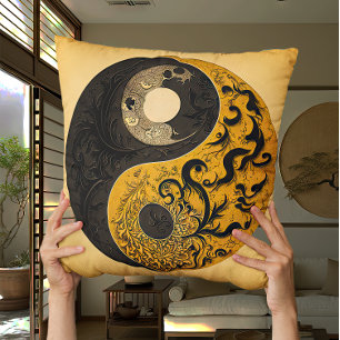 Almofada Contemporâneo de Yin Amarelo de Mostarda e Yang
