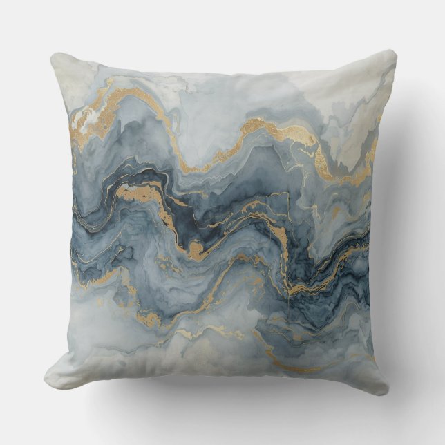 Almofada Contemporary Smoky Blue Gray Gold White Abstract  (Frente)