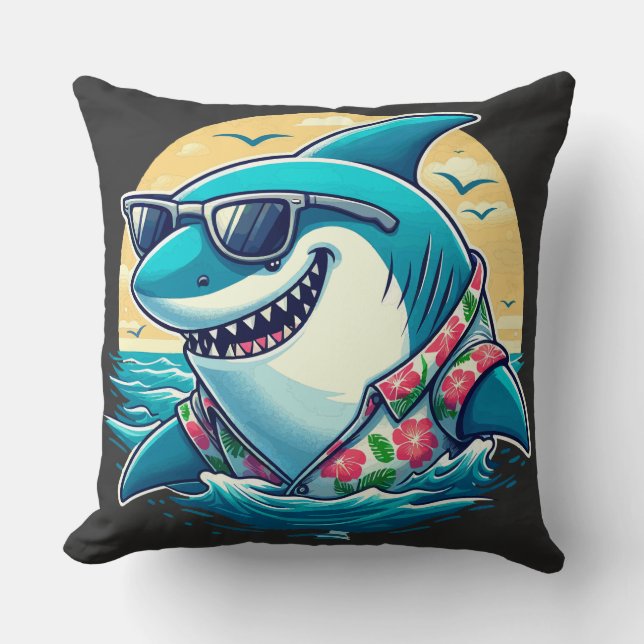 Almofada Cool Shark in Hawaiian Shirt - Summer Beach Vibes (Frente)
