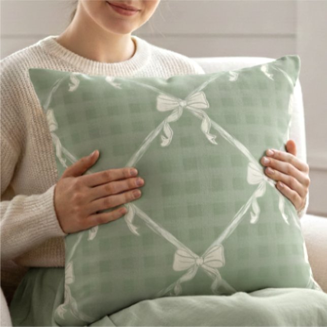 Almofada Coquette Bows Gingham Pattern Cream Sage Green  (Criador carregado)