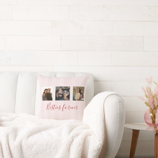 Almofada coquette Custom Besties Photos Collage Pink Stripe (Sofá)