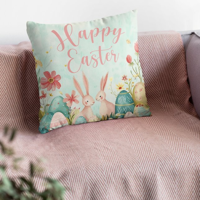Almofada Cor da água verde clara do felz pascoa (Happy Easter light green watercolor Cushion)