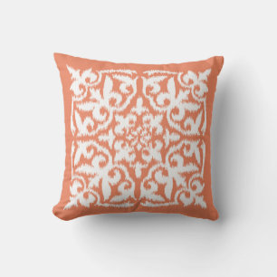 Almofada Cor damasco de Ikat - alaranjado e branco corais
