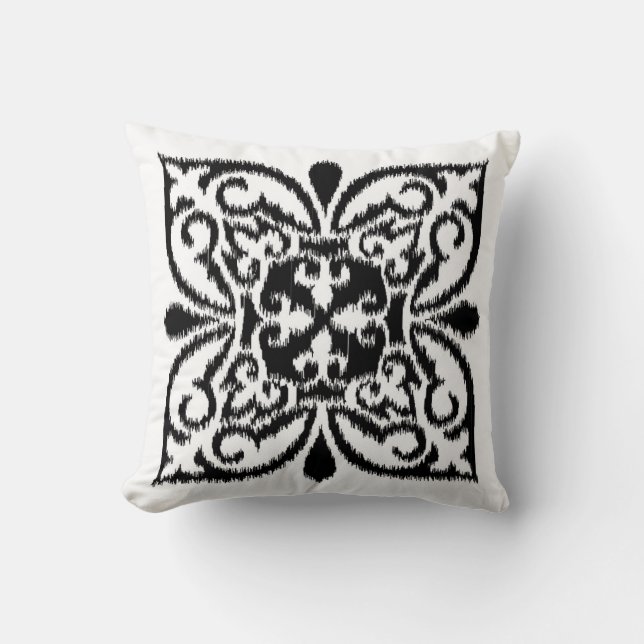 Almofada Cor damasco de Ikat - preto e branco (Frente)