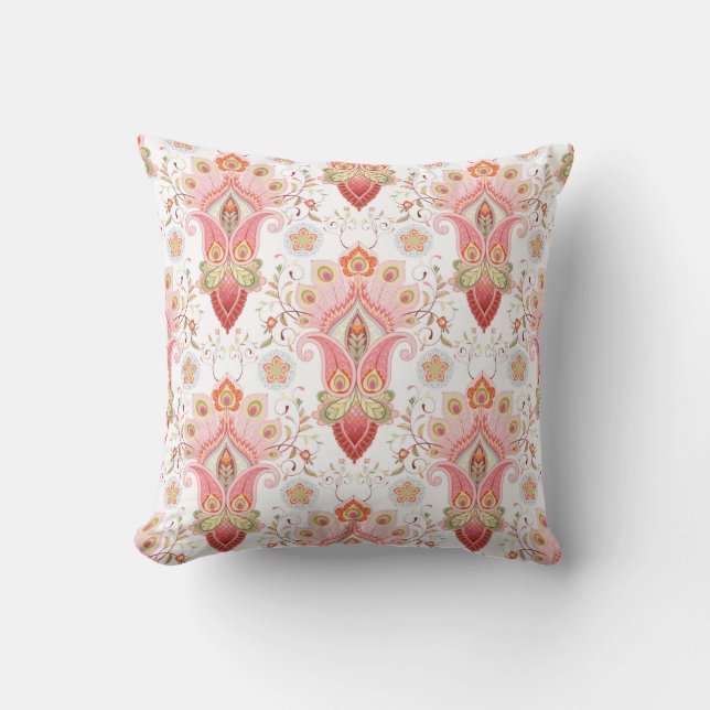 Almofada Cor damasco floral oriental com paisley e pe (Frente)