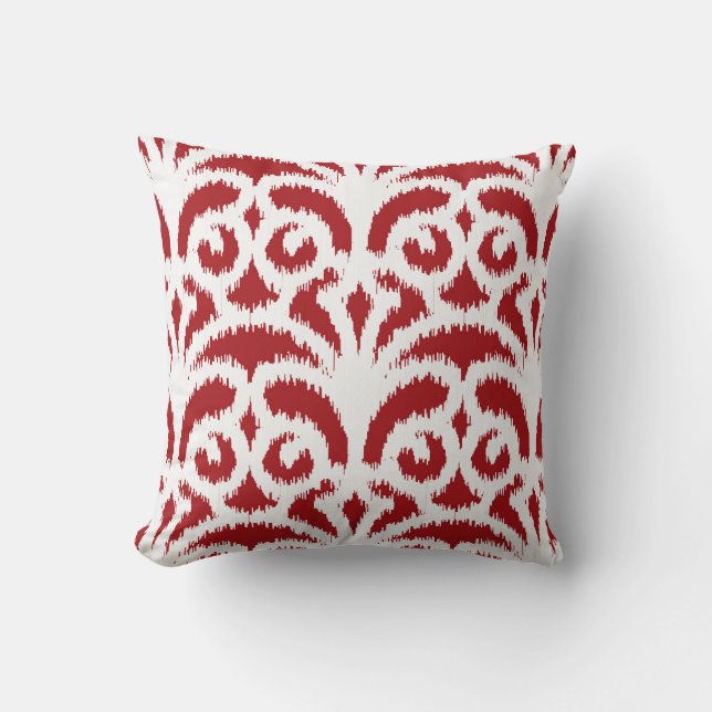 Almofada Cor damasco Ikat - Vermelho escuro e branco (Frente)