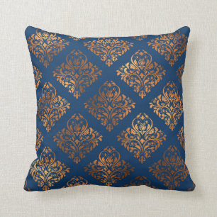 Almofada Cor damasco marinho Azul Cobre Antiquado Dourado