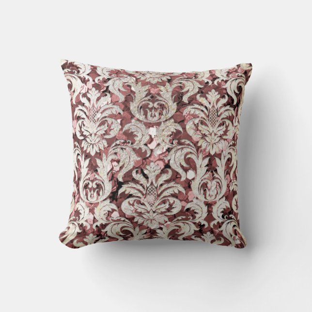Almofada Cor-de-Algodão Rosa Maroon Damask Pearl Sequência  (Frente)