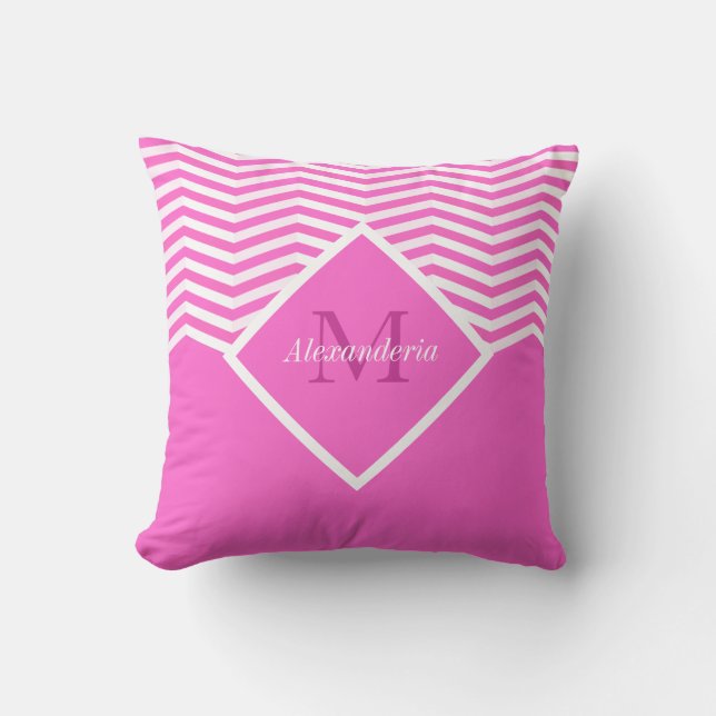 Almofada Cor Monograma Rosa Sólido Branco Chevron (Frente)