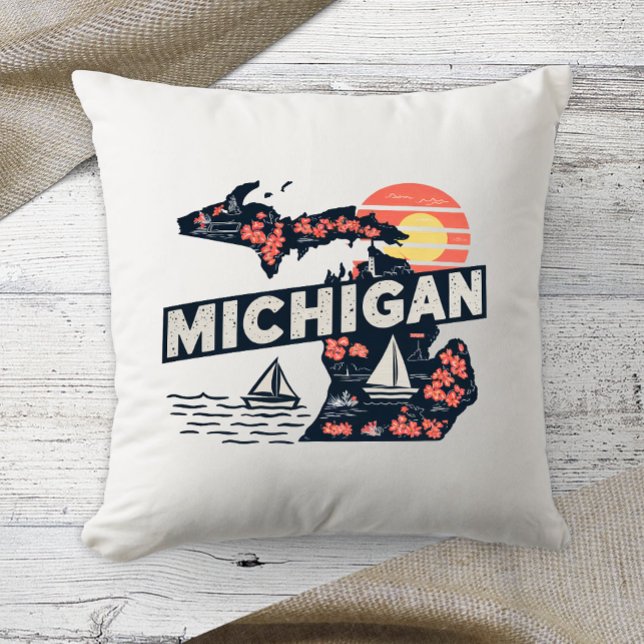 Almofada Cor Retro do Estado Nativo Michigan  (Criador carregado)