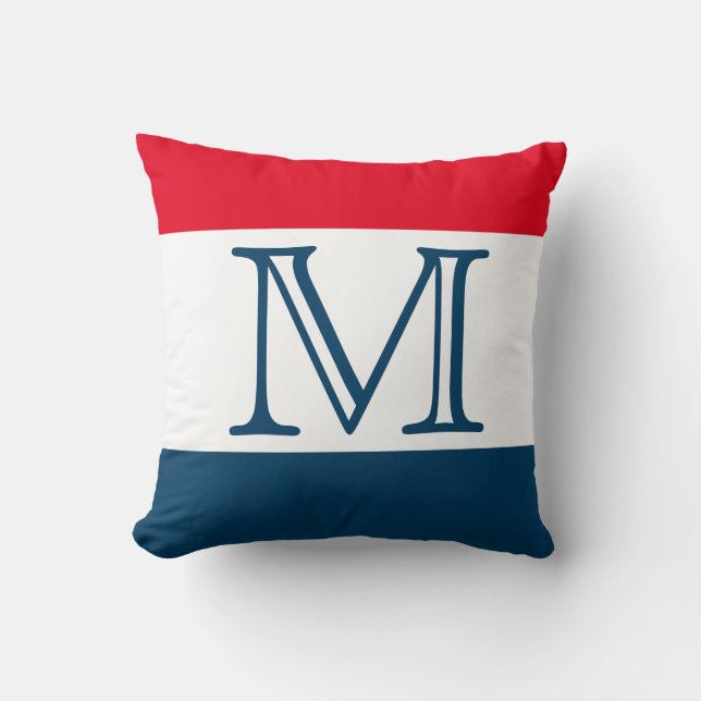 Almofada Cor Sólida da Faixa Azul Vermelha MONOGRAM (Frente)