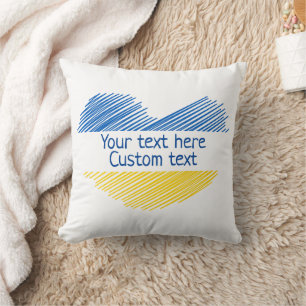 Almofada Coração azul e amarelo. Custom Text. Personalizáve