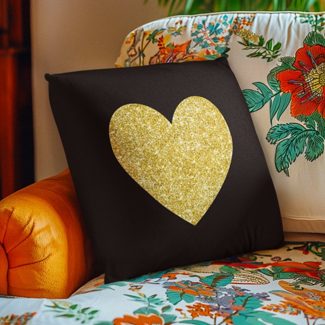 Almofada Coração de Foto com Brilho Preto e Dourado (Black and Gold Glitter Photo Heart Throw Pillow)