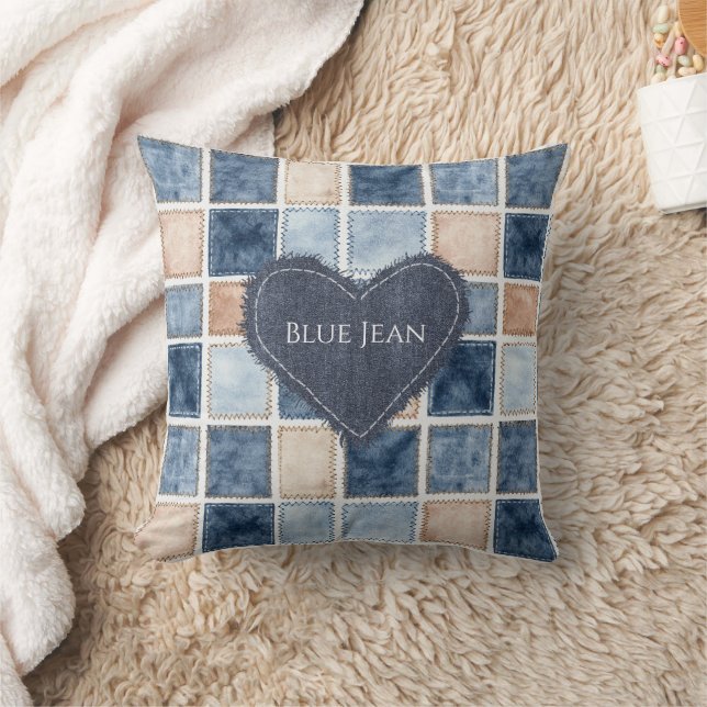 Almofada Coração de Jeans Azul Creme Falso (Cobertor)