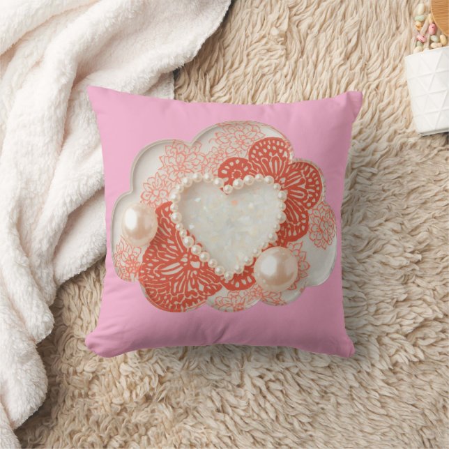 Almofada Coração de Pérola Rosa Elegante e Renda Coral Ilus (Cobertor)