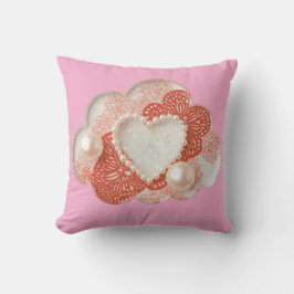 Almofada Coração de Pérola Rosa Elegante e Renda Coral Ilus