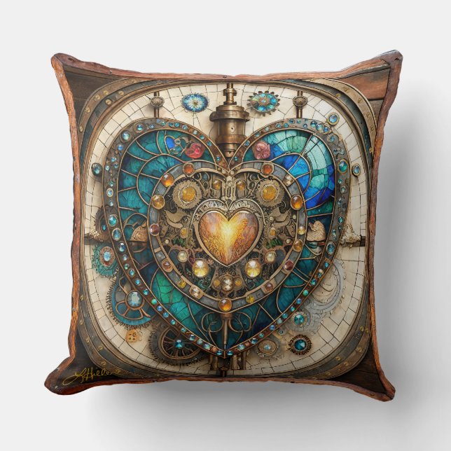 Almofada Coração de Vidro Manchado Dourado Série Steampunk (Frente)