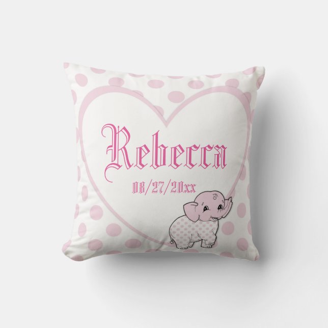 Almofada Coração e Bolinhas de Elefante de Menina Rosa (Frente)
