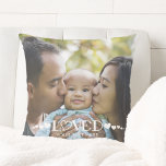 Almofada Corações de Fotografias Amadas Personalizadas<br><div class="desc">Crie um travesseiro decorativo fotográfico com uma ou duas fotos para alguém ADORADO com este modelo de fotografia de sangria de cheio fácil de carregar. O design apresenta um design de título de tipografia moderna, acentuado com corações e seu texto personalizado em branco como uma camada de fotos. O design...</div>