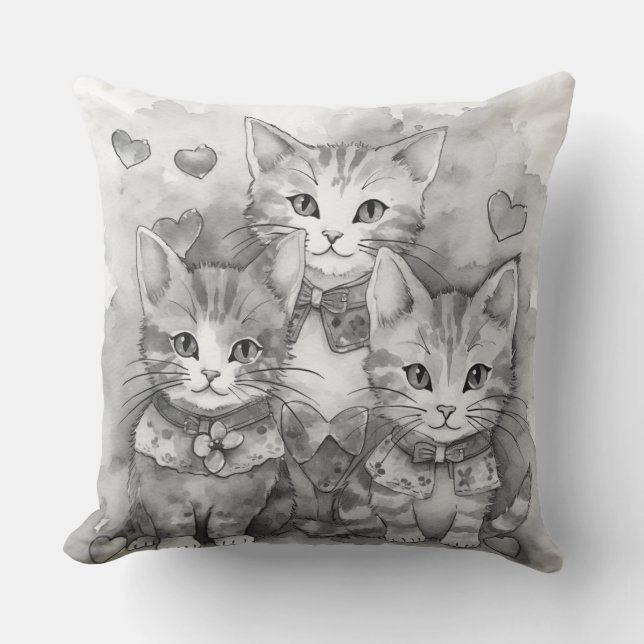 Almofada Corações de gatinhos brancos e pretos (Frente)