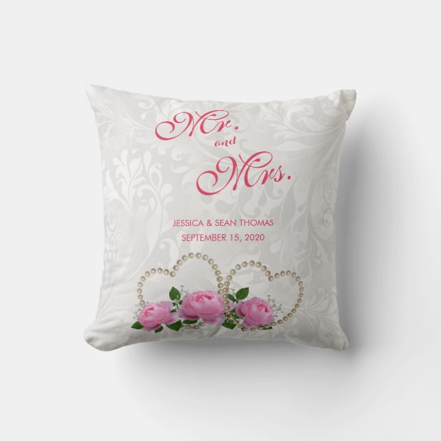 Almofada Corações de Pérola & Rosas Damasco Casamento (Frente)