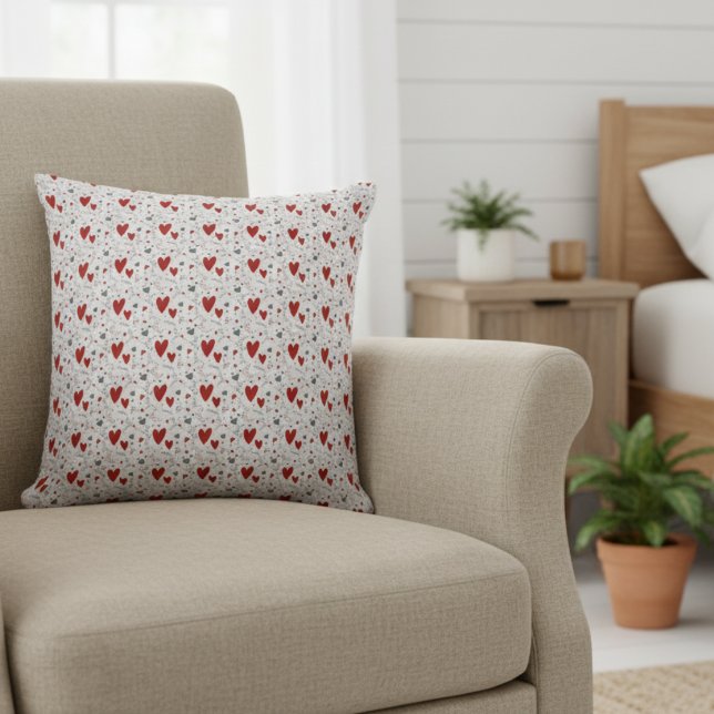 Almofada Corações de Rabiscos Vermelhos e Pretos Amor  (cute red and black hearts doodles accent pillow for her valentines theme bedroom decor)