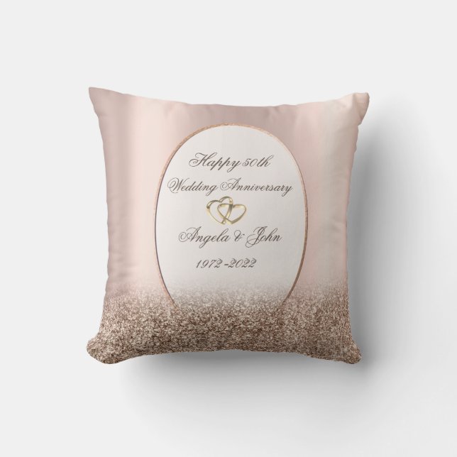 Almofada Corações Moldura Brilho Dourado Rosa 50º Aniversár (Frente)