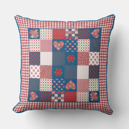 Almofada Corações, Rosa Vermelho, Branco, Blue Faux Patchwo