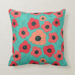 Almofada coral de espinha de papoila no têmur<br><div class="desc">Uma dança brilhante de papoilas quentes em legal fundos com algumas linhas de bluebell. Este padrão é divertido e colorido e faz travesseiros de sotaque incríveis. Poppy Spin faz parte da minha coleção Poppies & Bluebells e está disponível em três esquemas de cores: vermelho no lago, coral em verde de...</div>