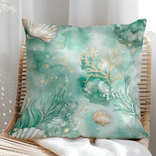 Almofada Coral e Conchas Subaquáticos em Aquarela Azul
