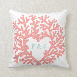 Almofada Coral Heart Aqua Beach Casamento Data Personalizad