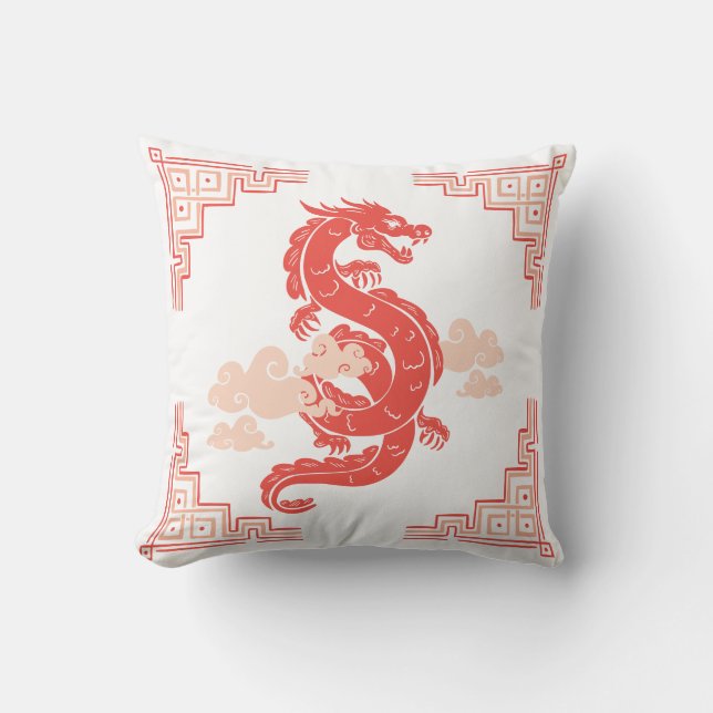 Almofada Coral Peach Chinoiserie Dragon e Nuvens (Frente)