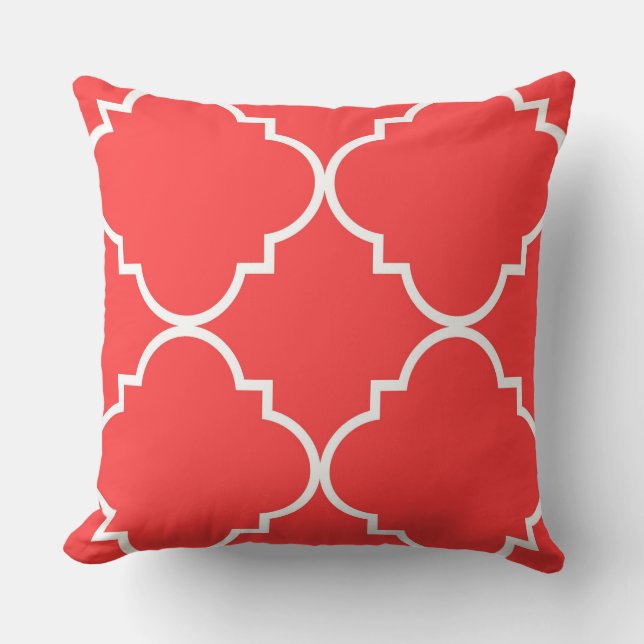 Almofada Coral Vermelho Branco Grande Padrão Quatrefoil (Frente)